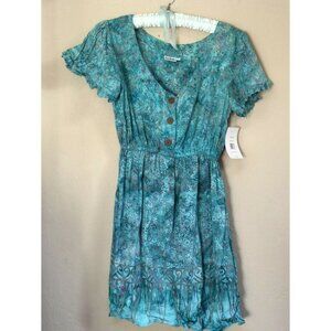 Hand Kreation V-Neck Blue Paisley Ruffle Shirt Dress Medium Short Sleeve New